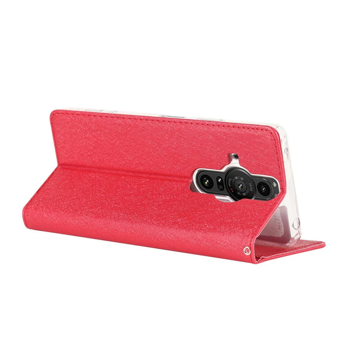 For Sony Xperia Pro-I PU Leather Magnetic Absorption Case Silk Texture Full Protection Stand Flip Folio Wallet Cover with Strap - Red - 5