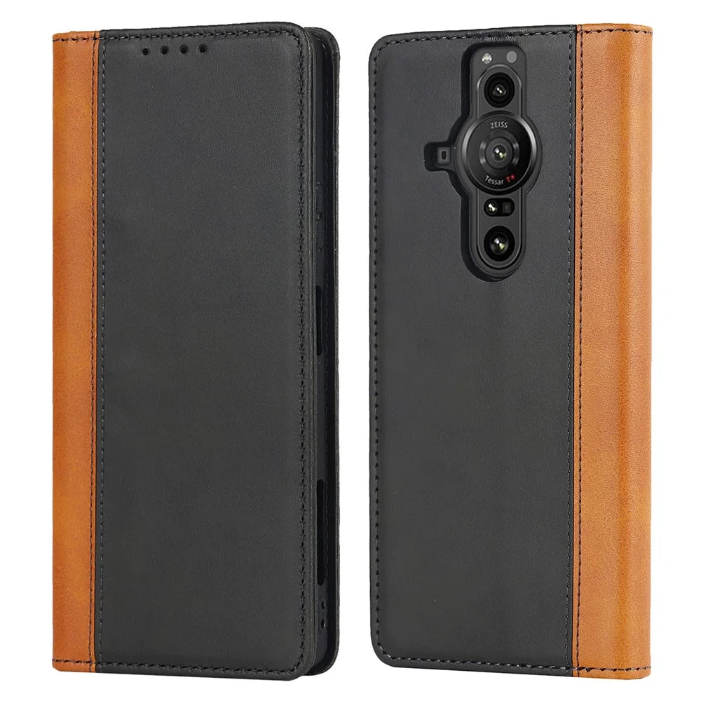 For Sony Xperia Pro-I Bi-color Splicing Magnetic Auto-absorbed PU Leather Phone Case with Wallet Stand - Black/Yellow - 1