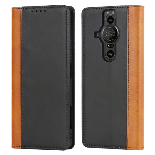 For Sony Xperia Pro-I Bi-color Splicing Magnetic Auto-absorbed PU Leather Phone Case with Wallet Stand - Black/Yellow - 1