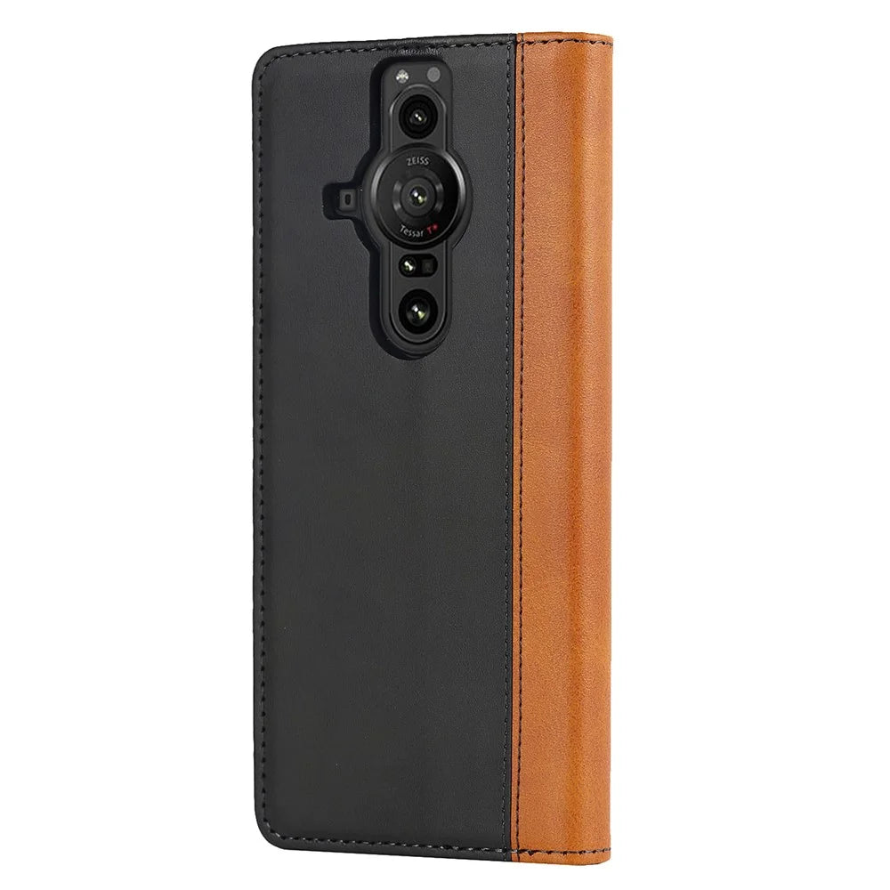 For Sony Xperia Pro-I Bi-color Splicing Magnetic Auto-absorbed PU Leather Phone Case with Wallet Stand - Black/Yellow - 3
