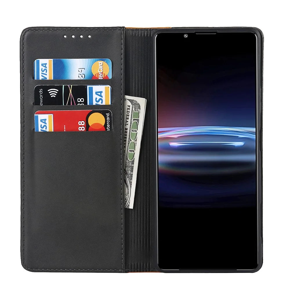 For Sony Xperia Pro-I Bi-color Splicing Magnetic Auto-absorbed PU Leather Phone Case with Wallet Stand - Black/Yellow - 4