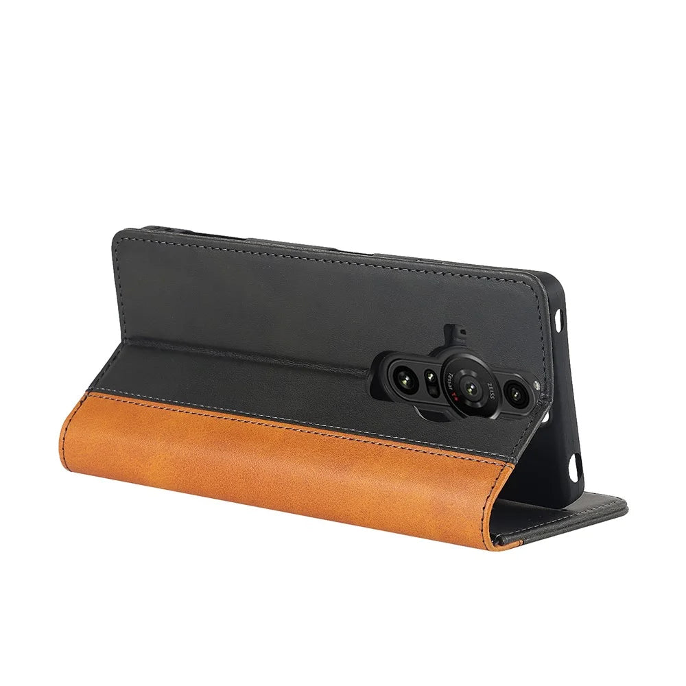 For Sony Xperia Pro-I Bi-color Splicing Magnetic Auto-absorbed PU Leather Phone Case with Wallet Stand - Black/Yellow - 5
