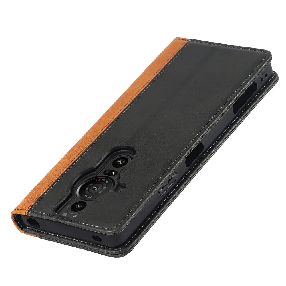 For Sony Xperia Pro-I Bi-color Splicing Magnetic Auto-absorbed PU Leather Phone Case with Wallet Stand - Black/Yellow - 7