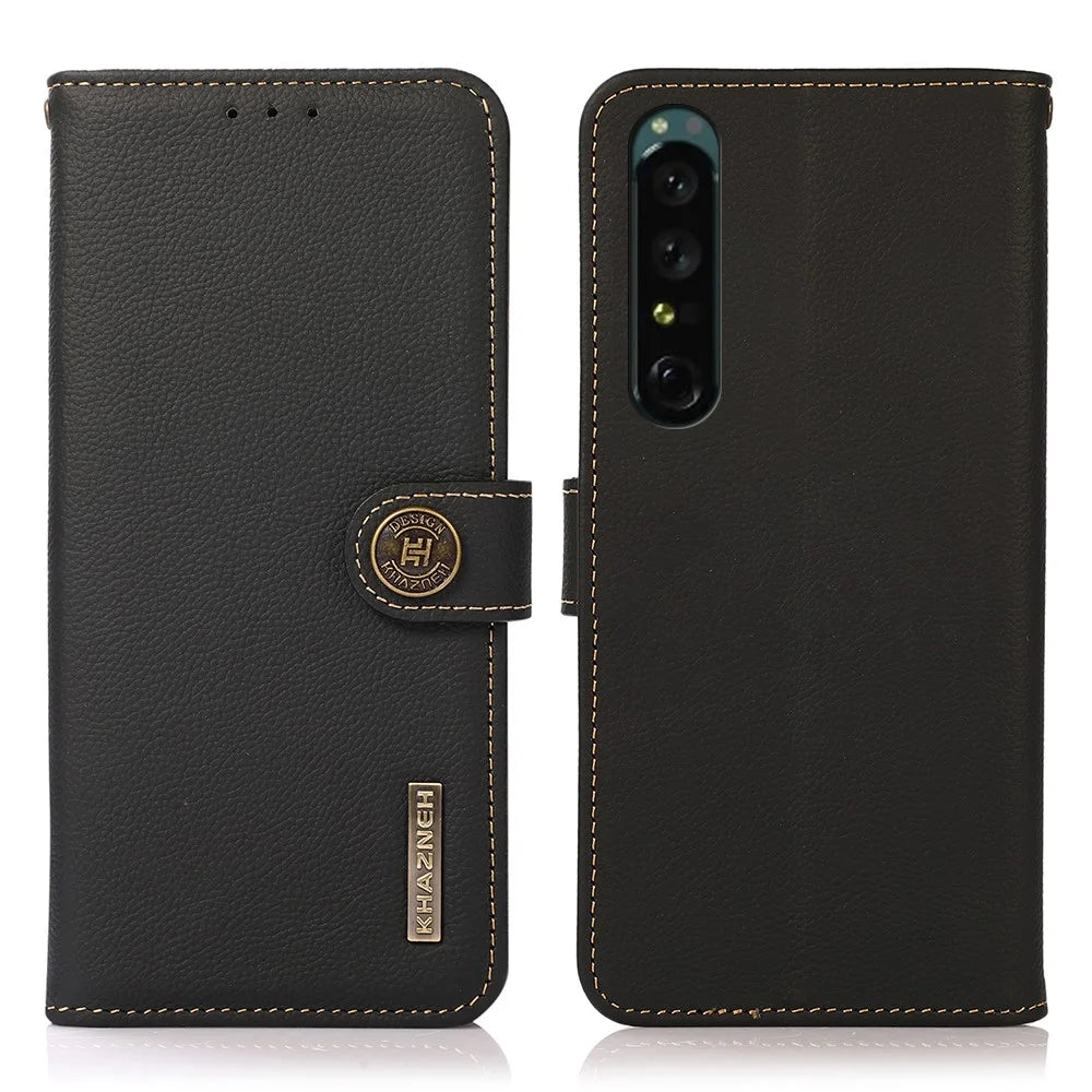 KHAZNEH for Sony Xperia 1 IV Genuine Leather Wallet Case Shockproof TPU Viewing Stand RFID Blocking Magnetic Protective Folio Cover - Black - 1