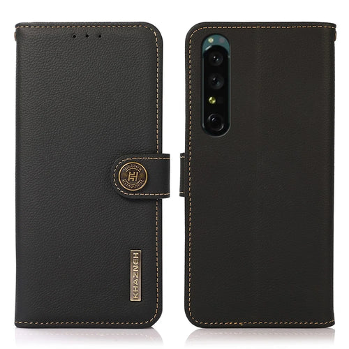 KHAZNEH for Sony Xperia 1 IV Genuine Leather Wallet Case Shockproof TPU Viewing Stand RFID Blocking Magnetic Protective Folio Cover - Black - 1