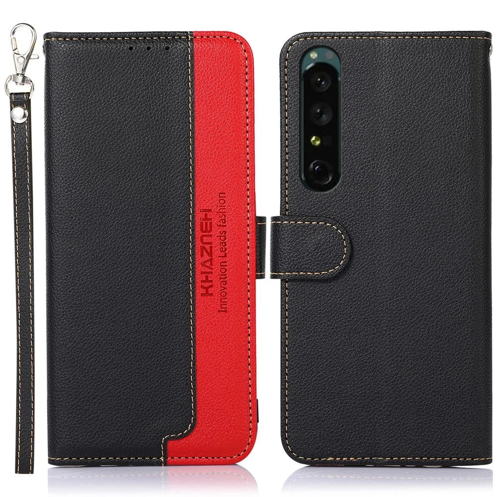 KHAZNEH for Sony Xperia 1 IV RFID Blocking Wallet Stand Phone Case Litchi Texture Leather Flip Anti-Fall Cover with Strap - Black - 1