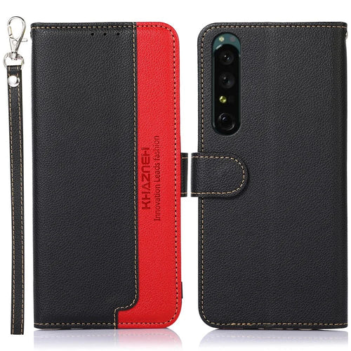 KHAZNEH for Sony Xperia 1 IV RFID Blocking Wallet Stand Phone Case Litchi Texture Leather Flip Anti-Fall Cover with Strap - Black - 1