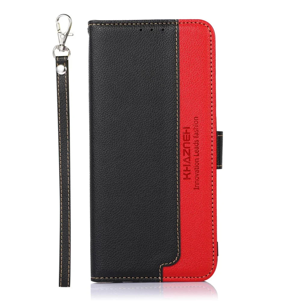 KHAZNEH for Sony Xperia 1 IV RFID Blocking Wallet Stand Phone Case Litchi Texture Leather Flip Anti-Fall Cover with Strap - Black - 6