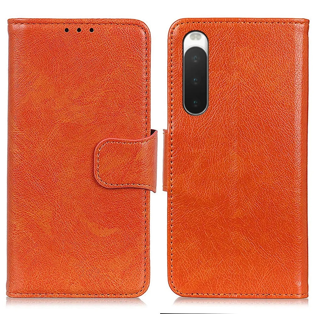 Nappa Texture Split Leather Phone Shell for Sony Xperia 10 IV, Folio Flip Wallet Foldable Stand Design Cover - Orange - 1