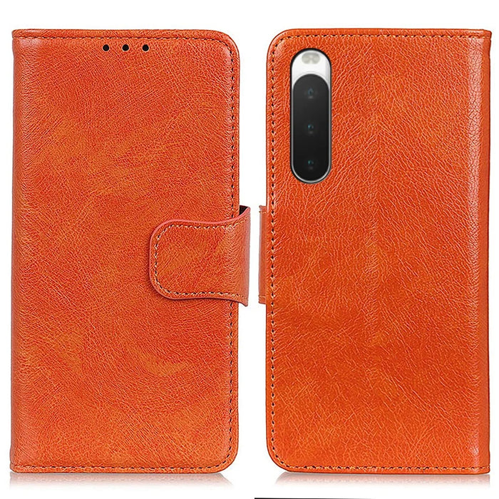 Nappa Texture Split Leather Phone Shell for Sony Xperia 10 IV, Folio Flip Wallet Foldable Stand Design Cover - Orange - 1