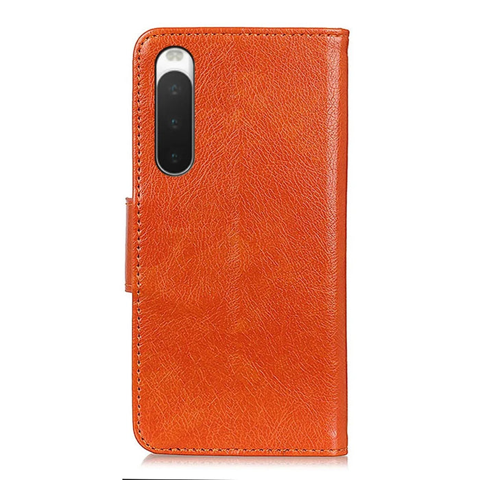 Nappa Texture Split Leather Phone Shell for Sony Xperia 10 IV, Folio Flip Wallet Foldable Stand Design Cover - Orange - 7