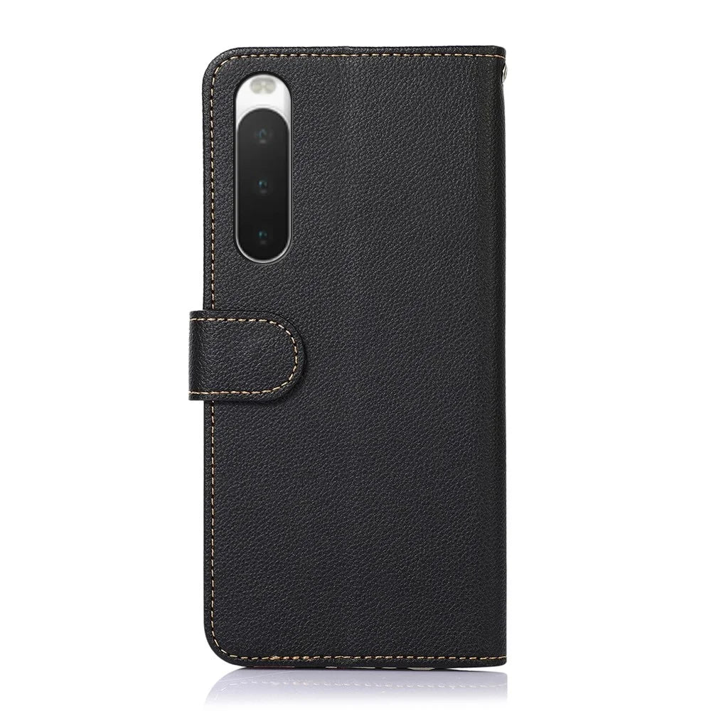 KHAZNEH for Sony Xperia 10 IV Folio Flip Wallet RFID Blocking Phone Case Litchi Texture Leather Stand Protective Shell with Strap - Black - 7