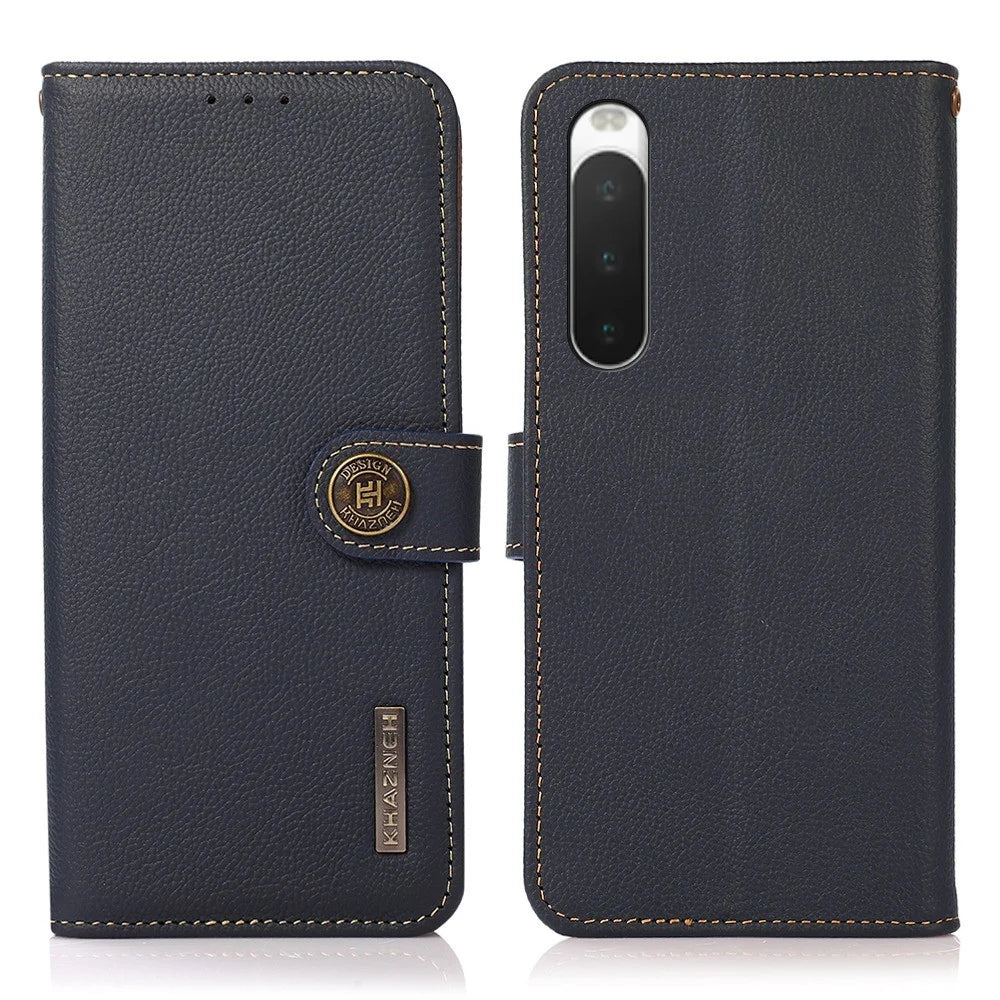 KHAZNEH for Sony Xperia 10 IV RFID Blocking Stand Wallet Style Textured Genuine Leather + TPU Dual-layer Protection Shell - Blue - 1