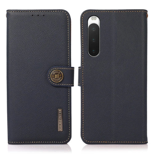 KHAZNEH for Sony Xperia 10 IV RFID Blocking Stand Wallet Style Textured Genuine Leather + TPU Dual-layer Protection Shell - Blue - 1