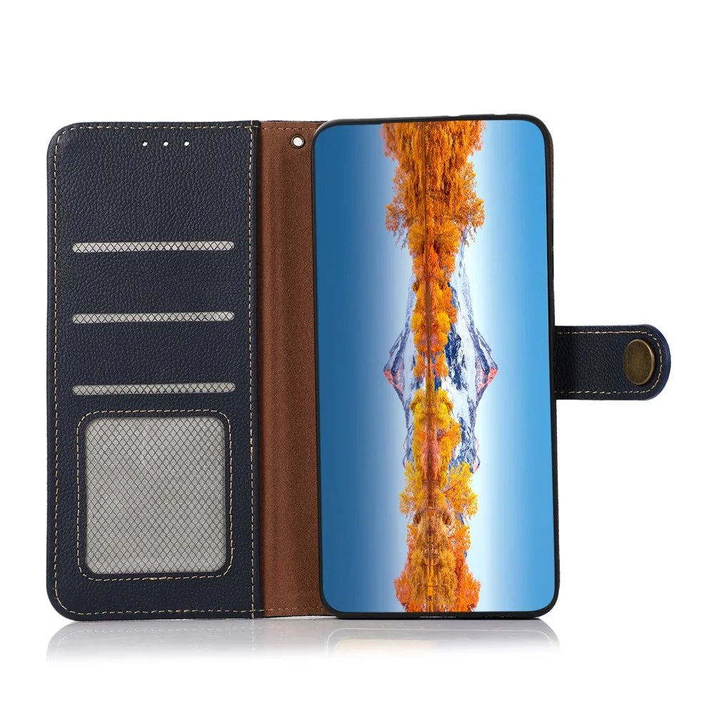KHAZNEH for Sony Xperia 10 IV RFID Blocking Stand Wallet Style Textured Genuine Leather + TPU Dual-layer Protection Shell - Blue - 4