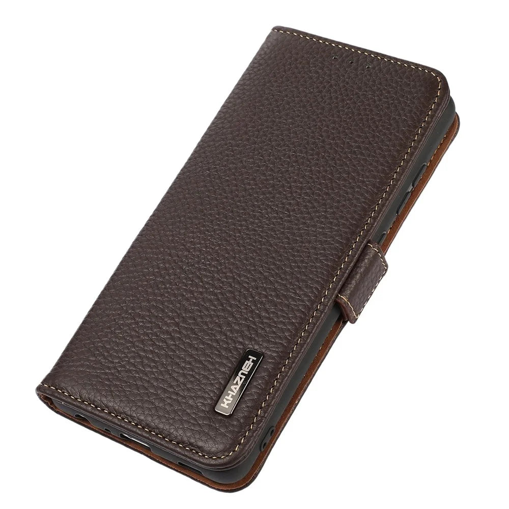 KHAZNEH for Sony Xperia 10 IV Litchi Texture Genuine Leather Wallet Stand Case RFID Blocking Double Magnetic Clasps Anti-fall Phone Cover - Brown - 5