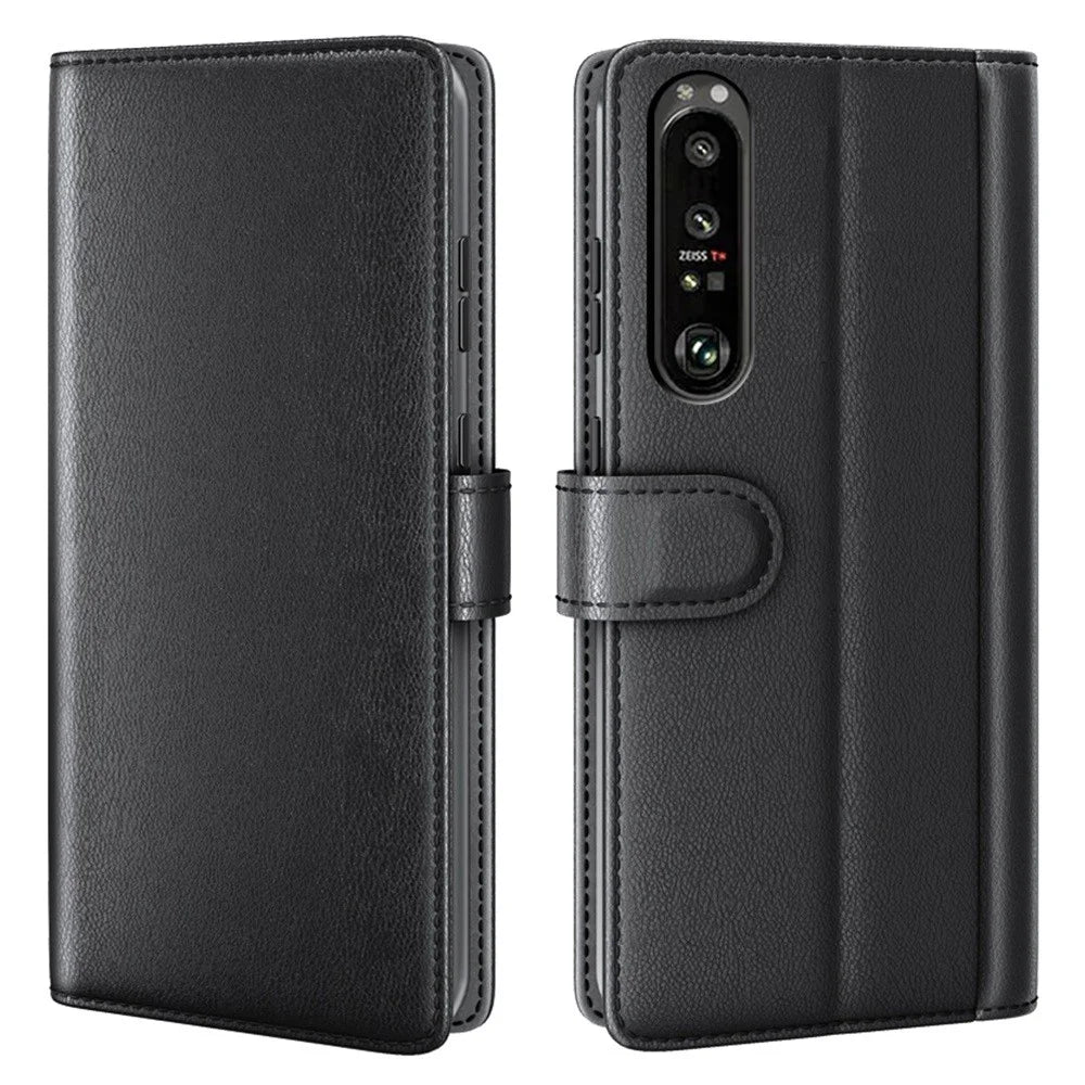 For Sony Xperia 1 III 5G Split Leather Genuine Leather Protective Cover Magnetic Clasp Wallet Stand Phone Case - Black - 1