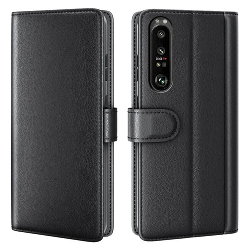 For Sony Xperia 1 III 5G Split Leather Genuine Leather Protective Cover Magnetic Clasp Wallet Stand Phone Case - Black - 1