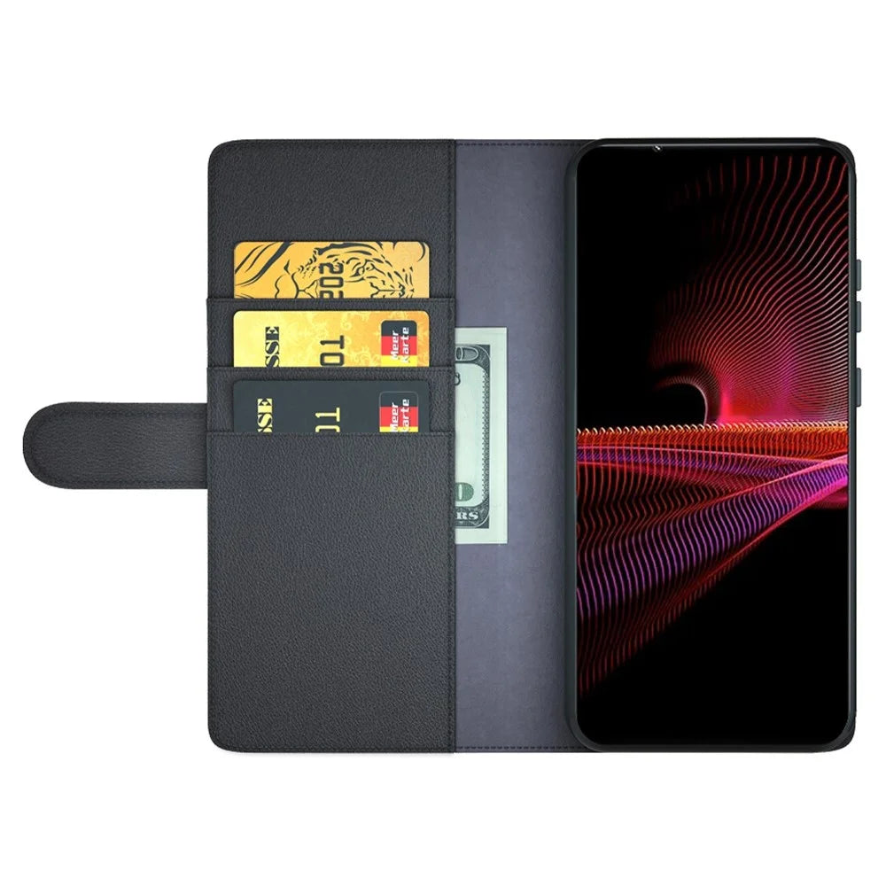For Sony Xperia 1 III 5G Split Leather Genuine Leather Protective Cover Magnetic Clasp Wallet Stand Phone Case - Black - 2