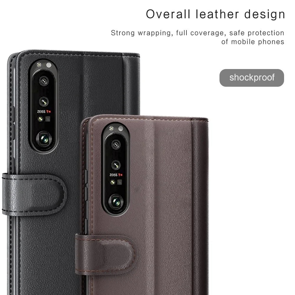 For Sony Xperia 1 III 5G Split Leather Genuine Leather Protective Cover Magnetic Clasp Wallet Stand Phone Case - Black - 4