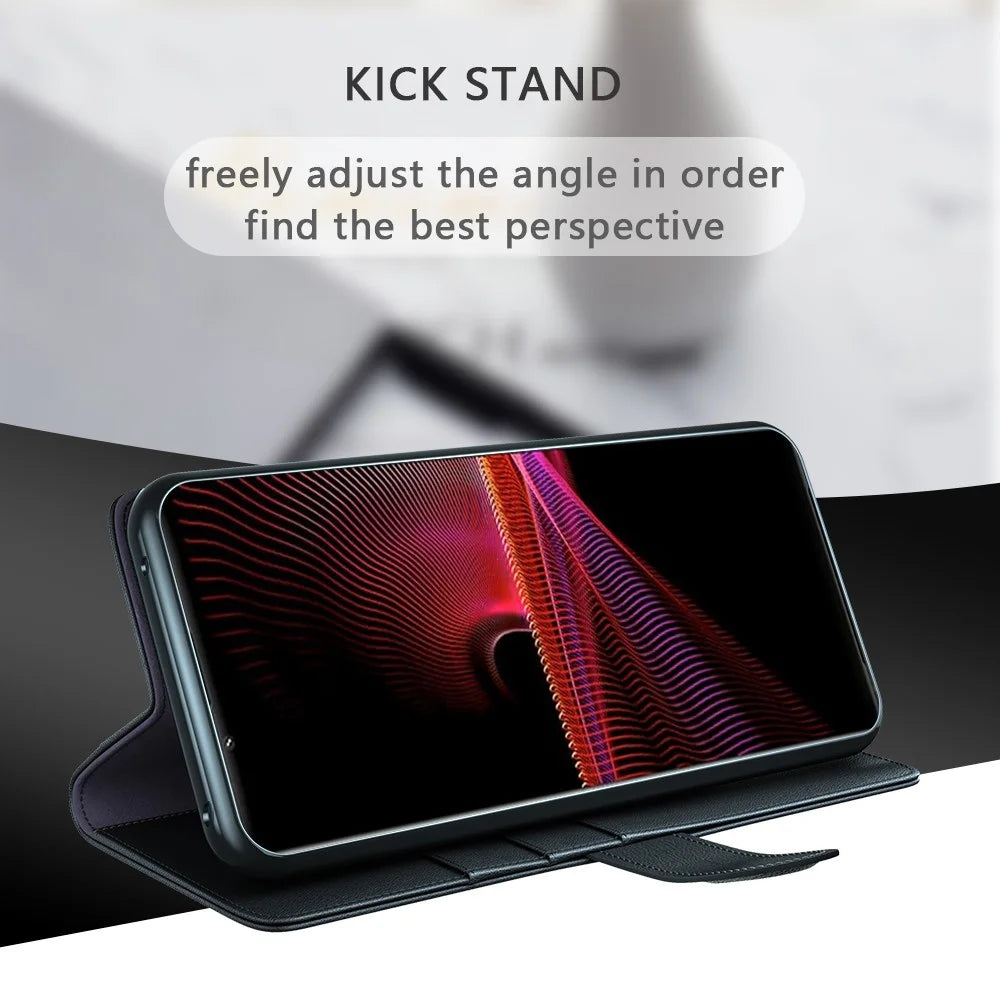 For Sony Xperia 1 III 5G Split Leather Genuine Leather Protective Cover Magnetic Clasp Wallet Stand Phone Case - Black - 6