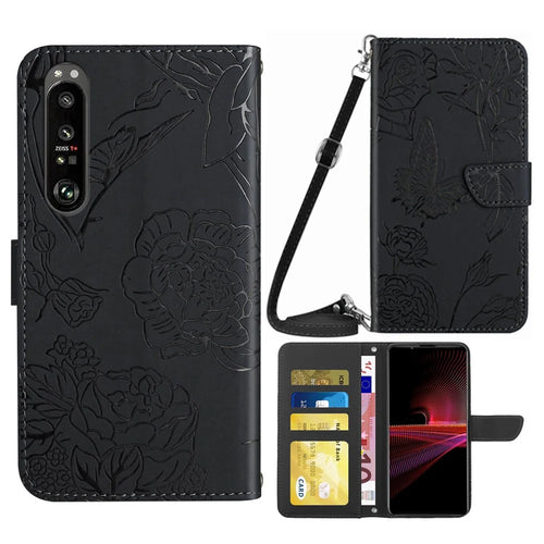 For Sony Xperia 1 IV Skin-touch Feeling Leather Stand Butterfly Flowers Imprinting Pattern Wallet Phone Cover with Shoulder Strap - Black - 1