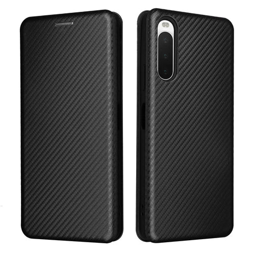 For Sony Xperia 10 IV Carbon Fiber Texture Design Magnetic Absorption Case PU Leather Flip Stand Card Holder Cell Phone Full Protection Cover - Black - 1