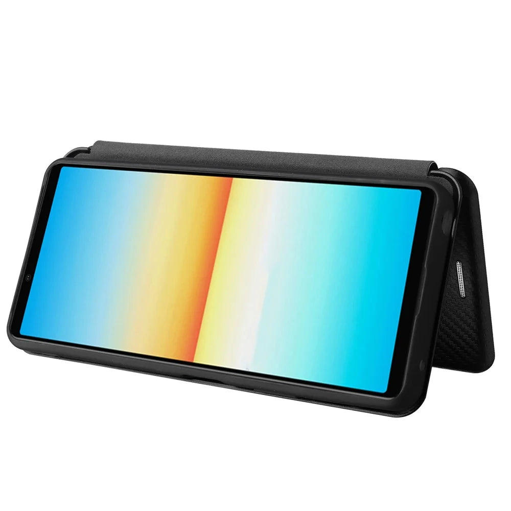 For Sony Xperia 10 IV Carbon Fiber Texture Design Magnetic Absorption Case PU Leather Flip Stand Card Holder Cell Phone Full Protection Cover - Black - 3