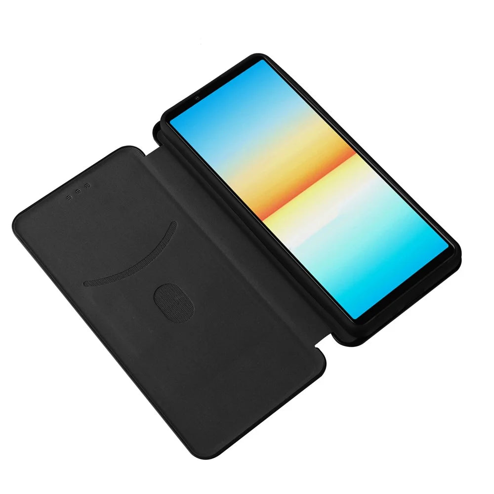 For Sony Xperia 10 IV Carbon Fiber Texture Design Magnetic Absorption Case PU Leather Flip Stand Card Holder Cell Phone Full Protection Cover - Black - 7