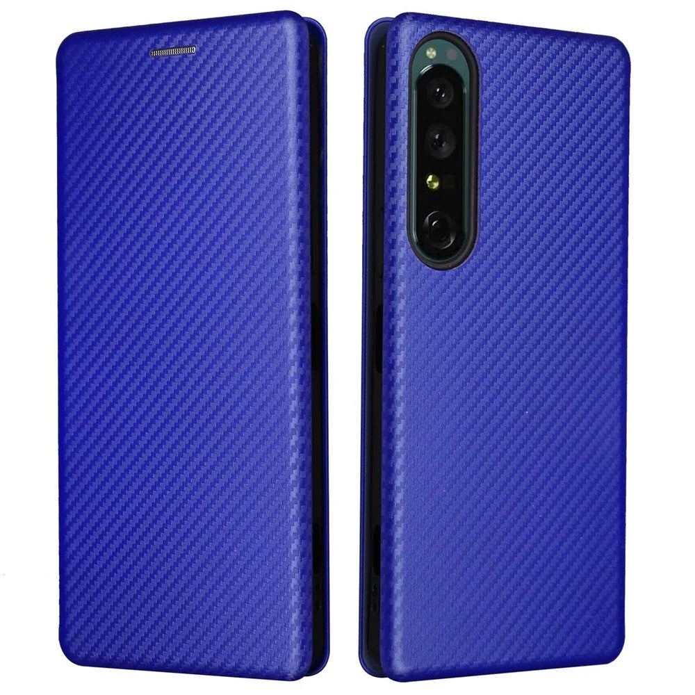 For Sony Xperia 1 IV Card Holder Design Carbon Fiber Texture Leather Case Magnetic Auto Closing Full Protection Shockproof Flip Stand Cover - Blue - 1