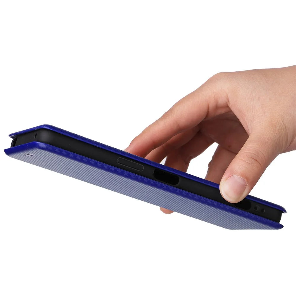 For Sony Xperia 1 IV Card Holder Design Carbon Fiber Texture Leather Case Magnetic Auto Closing Full Protection Shockproof Flip Stand Cover - Blue - 2