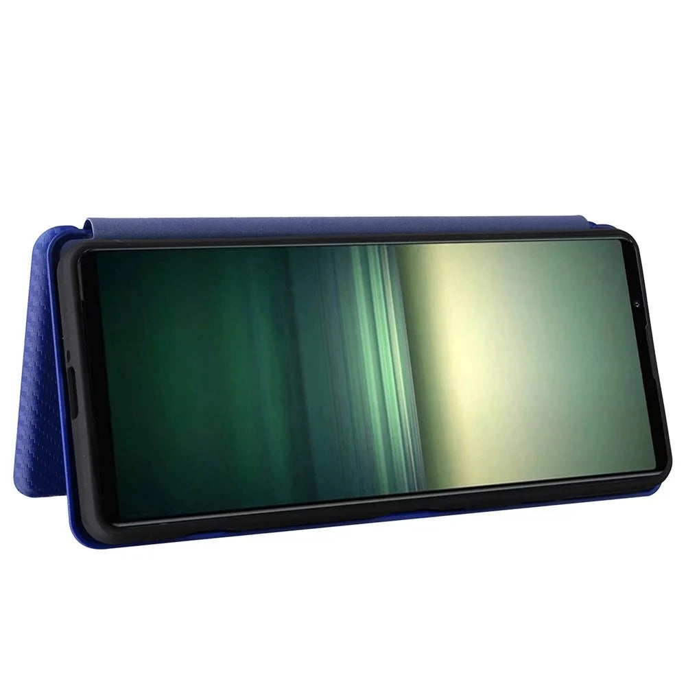 For Sony Xperia 1 IV Card Holder Design Carbon Fiber Texture Leather Case Magnetic Auto Closing Full Protection Shockproof Flip Stand Cover - Blue - 3