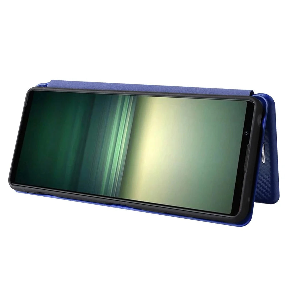 For Sony Xperia 1 IV Card Holder Design Carbon Fiber Texture Leather Case Magnetic Auto Closing Full Protection Shockproof Flip Stand Cover - Blue - 4