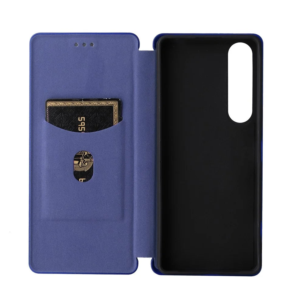 For Sony Xperia 1 IV Card Holder Design Carbon Fiber Texture Leather Case Magnetic Auto Closing Full Protection Shockproof Flip Stand Cover - Blue - 5