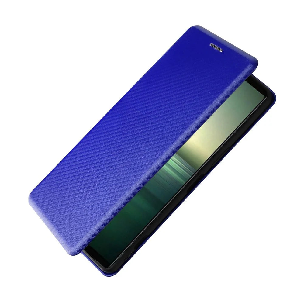 For Sony Xperia 1 IV Card Holder Design Carbon Fiber Texture Leather Case Magnetic Auto Closing Full Protection Shockproof Flip Stand Cover - Blue - 7