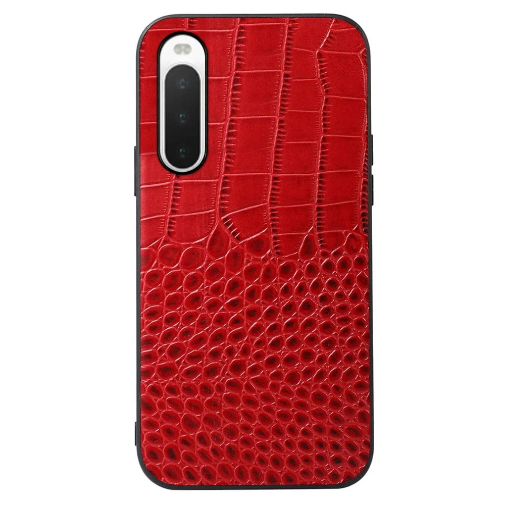 For Sony Xperia 10 IV Phone Case Crocodile Texture Genuine Cowhide Leather Coated PC + TPU Shockproof Cover - Red - 1