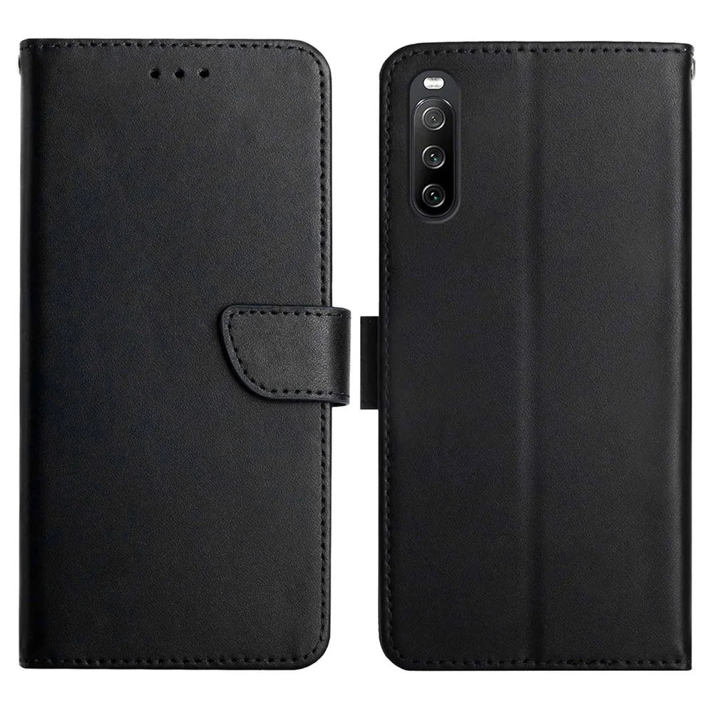 For Sony Xperia 10 IV (PDX-225) Nappa Texture Genuine Leather Case, Wallet Stand Design Magnetic Closing Mobile Phone Shell - Black - 1