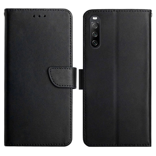 For Sony Xperia 10 IV (PDX-225) Nappa Texture Genuine Leather Case, Wallet Stand Design Magnetic Closing Mobile Phone Shell - Black - 1