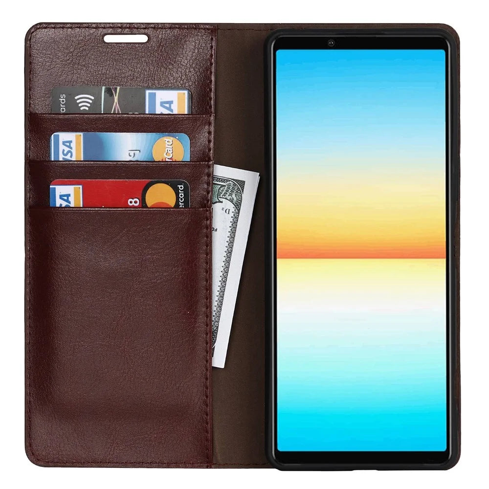 For Sony Xperia 1 IV Genuine Leather Wallet Phone Case Crazy Horse Texture Stand Full Protection Magnetic Absorption Cover - Dark Brown - 2