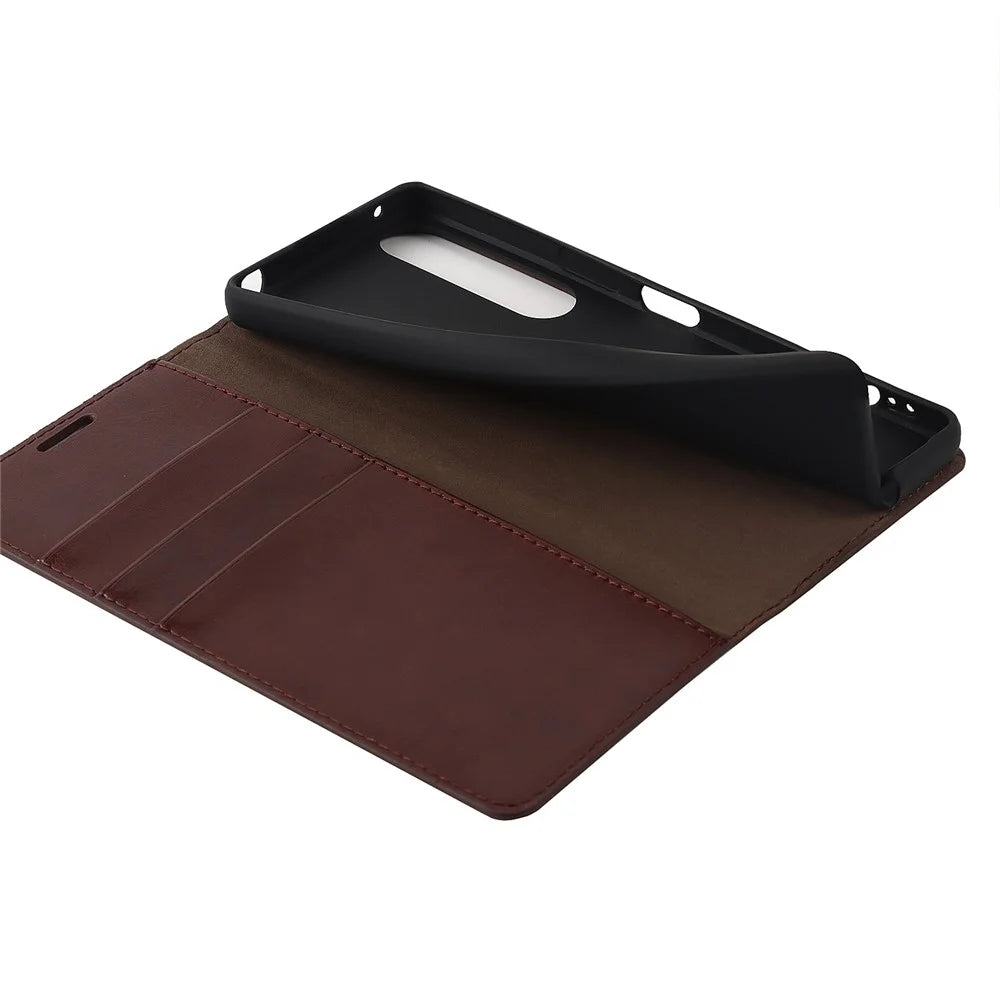 For Sony Xperia 1 IV Genuine Leather Wallet Phone Case Crazy Horse Texture Stand Full Protection Magnetic Absorption Cover - Dark Brown - 4