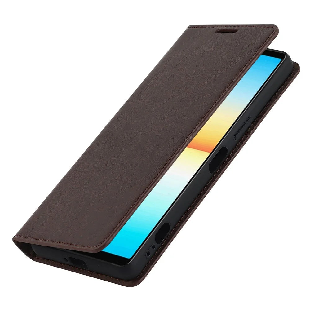 For Sony Xperia 1 IV Genuine Leather Wallet Phone Case Crazy Horse Texture Stand Full Protection Magnetic Absorption Cover - Dark Brown - 5