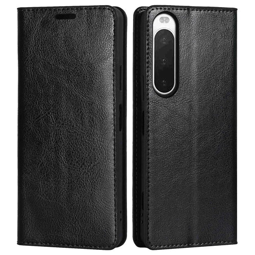 For Sony Xperia 10 IV Genuine Leather Flip Cover Crazy Horse Texture Wallet Horizontal Viewing Stand Magnetic Absorption Shell - Black - 1