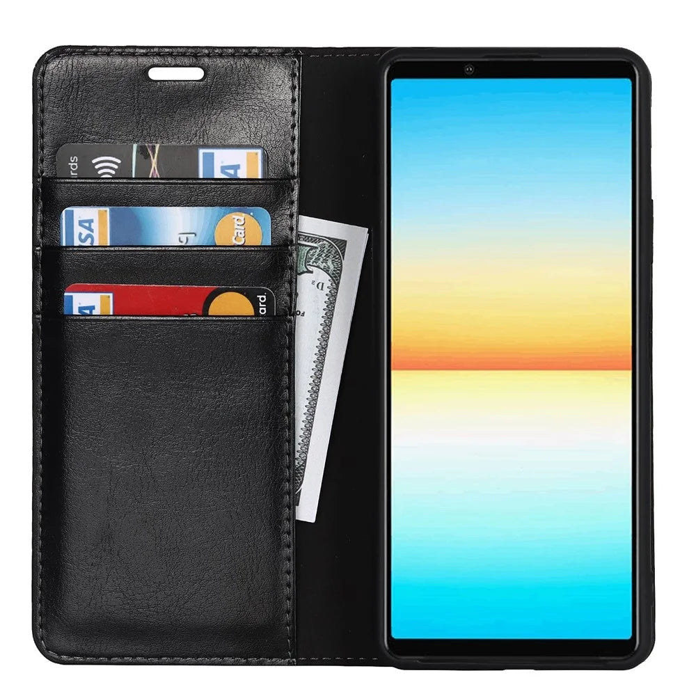 For Sony Xperia 10 IV Genuine Leather Flip Cover Crazy Horse Texture Wallet Horizontal Viewing Stand Magnetic Absorption Shell - Black - 2