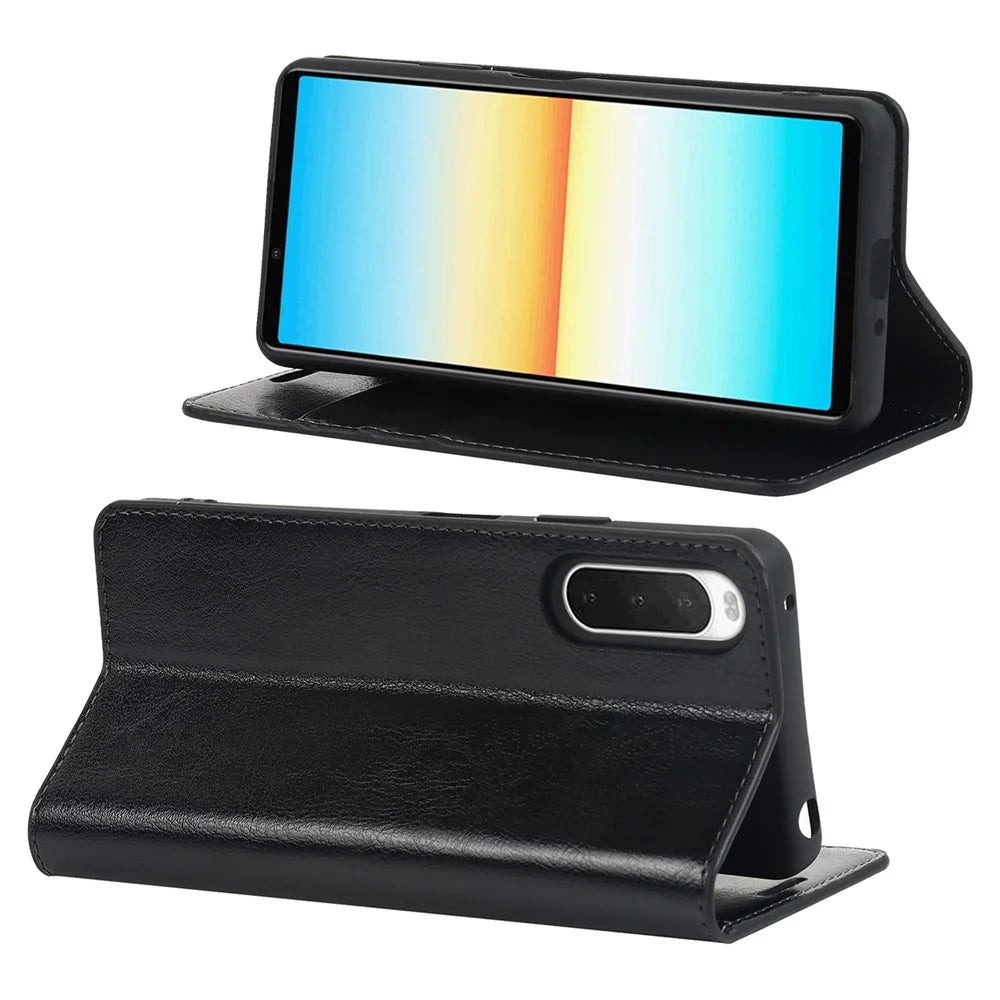 For Sony Xperia 10 IV Genuine Leather Flip Cover Crazy Horse Texture Wallet Horizontal Viewing Stand Magnetic Absorption Shell - Black - 3