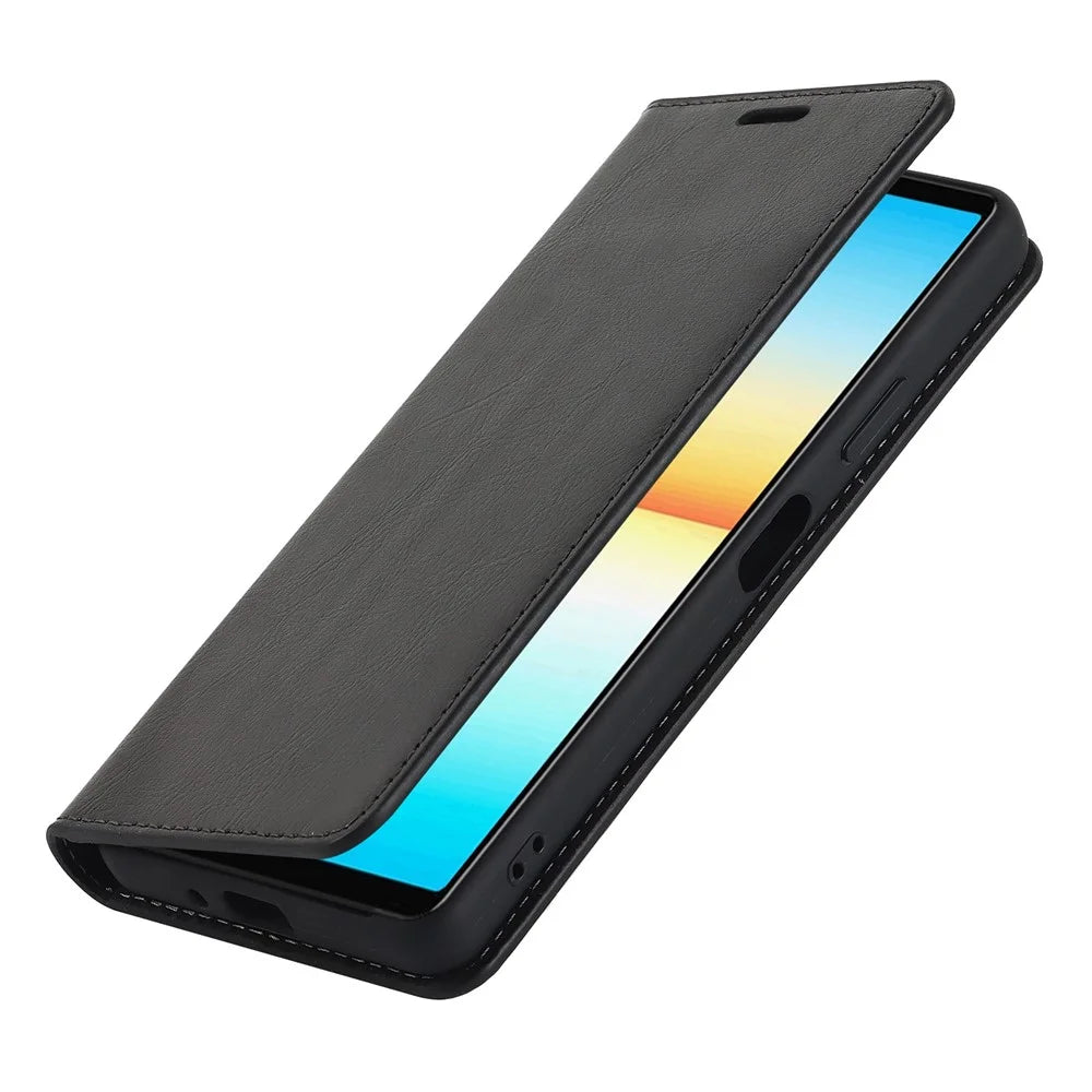 For Sony Xperia 10 IV Genuine Leather Flip Cover Crazy Horse Texture Wallet Horizontal Viewing Stand Magnetic Absorption Shell - Black - 5