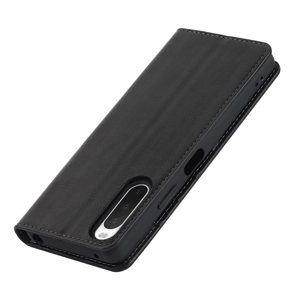 For Sony Xperia 10 IV Genuine Leather Flip Cover Crazy Horse Texture Wallet Horizontal Viewing Stand Magnetic Absorption Shell - Black - 6