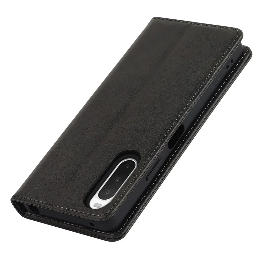Phone Case for Sony Xperia 10 IV, Magnetic Closure Wallet Stand Cell Phone Covering Shell - Black - 6
