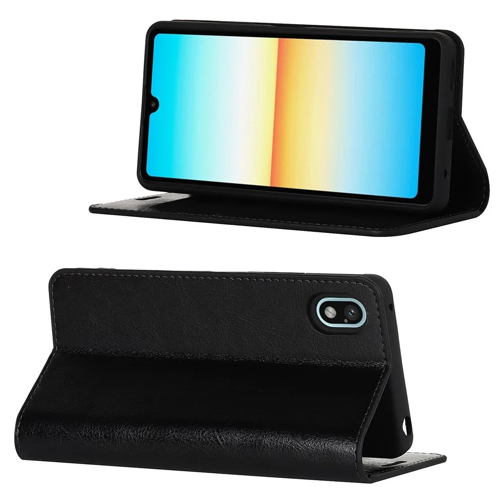 For Sony Xperia Ace III Genuine Leather Phone Case, Anti-scratch Wallet Stand Crazy Horse Texture Shell - Black - 3