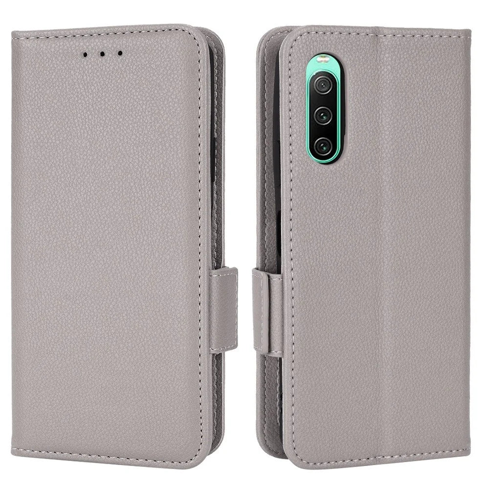 For Sony Xperia 10 IV Phone Cover, Side Buckle Litchi Texture Leather Phone Case Wallet Stand Design PU Leather Case - Grey - 1