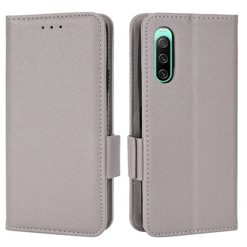 For Sony Xperia 10 IV Phone Cover, Side Buckle Litchi Texture Leather Phone Case Wallet Stand Design PU Leather Case - Grey - 1